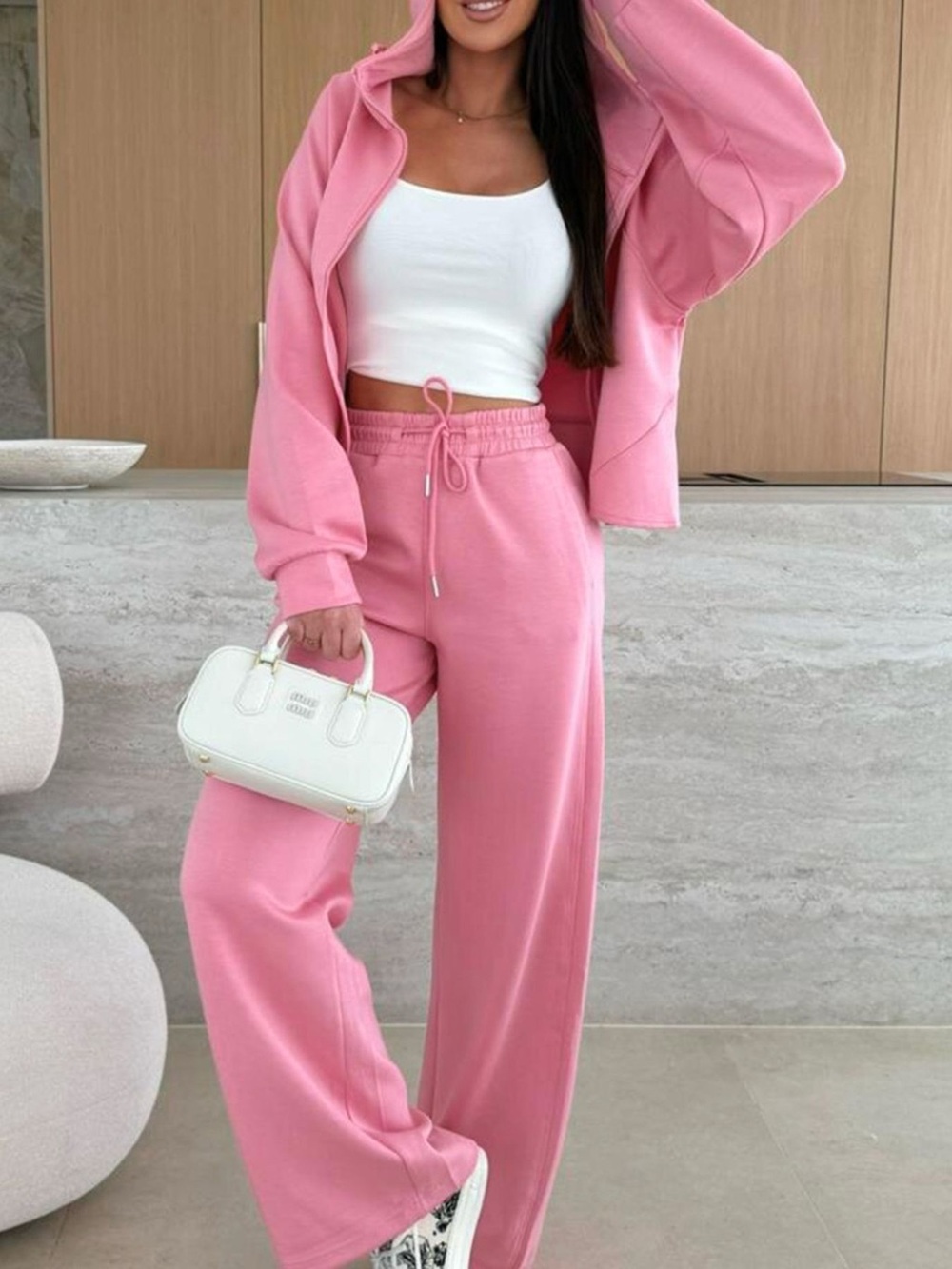 Solid Color Zip Up Hoodie Drawstring Loose Pants Set